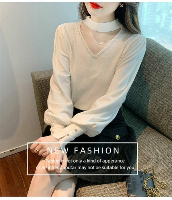 Fashion 3 Colors Beads V-neck Puff Sleeve Knit T-shirt 3