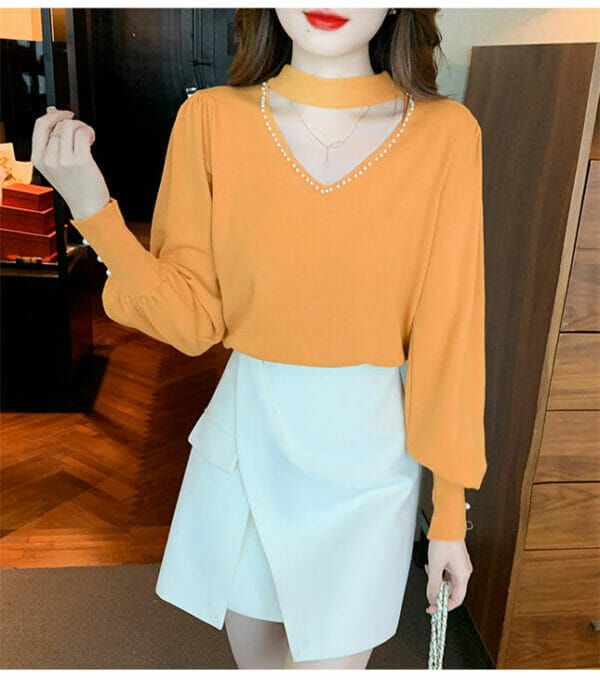 Fashion 3 Colors Beads V-neck Puff Sleeve Knit T-shirt 2