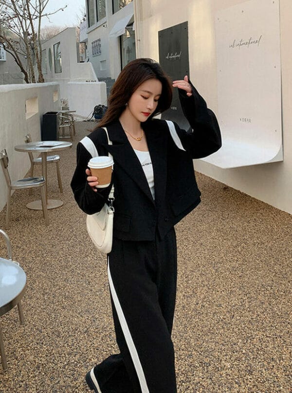 Fashion 3 Colors Tailored Collar Short Coat with Wide-leg Long Pants 6