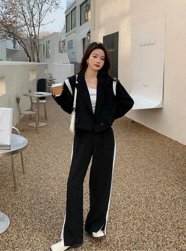 Fashion 3 Colors Tailored Collar Short Coat with Wide-leg Long Pants 5