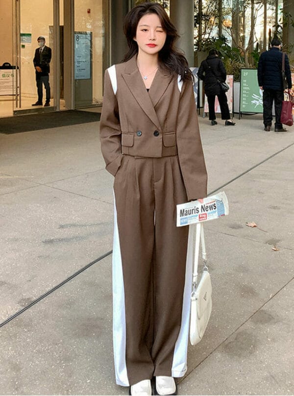 Fashion 3 Colors Tailored Collar Short Coat with Wide-leg Long Pants 3