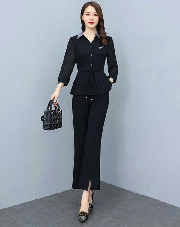 Fashion Autumn 2 Colors Shirt Collar Tie Waist Long Suits 6