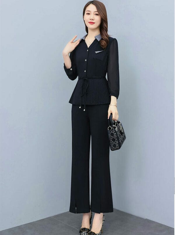 Fashion Autumn 2 Colors Shirt Collar Tie Waist Long Suits 5