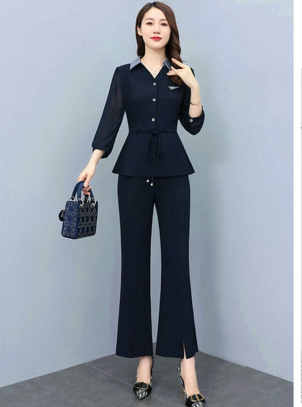 Fashion Autumn 2 Colors Shirt Collar Tie Waist Long Suits 4