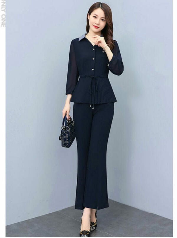 Fashion Autumn 2 Colors Shirt Collar Tie Waist Long Suits 2