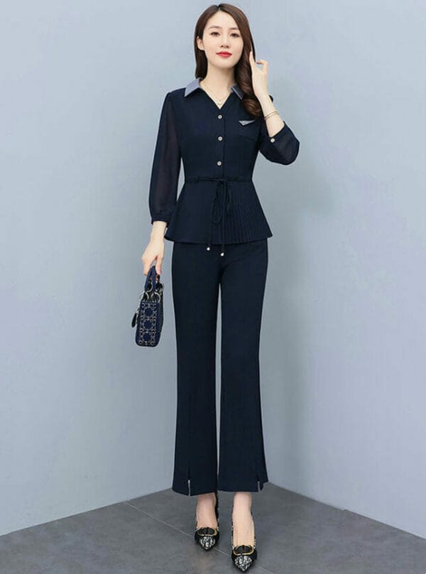 Fashion Autumn 2 Colors Shirt Collar Tie Waist Long Suits 1