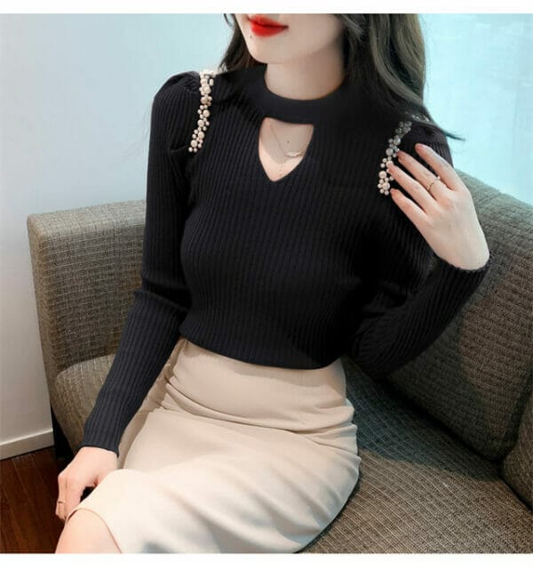 Fashion Autumn 3 Colors Beads Shoulder Slim Knitting T-shirt 5