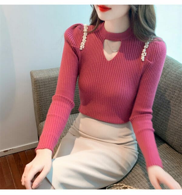 Fashion Autumn 3 Colors Beads Shoulder Slim Knitting T-shirt 2