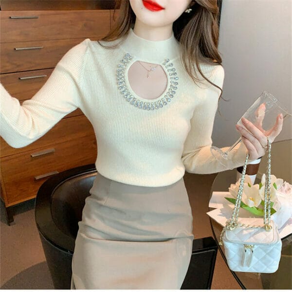 Fashion Autumn 3 Colors Rhinestones Hollow Out Knit T-shirt 6