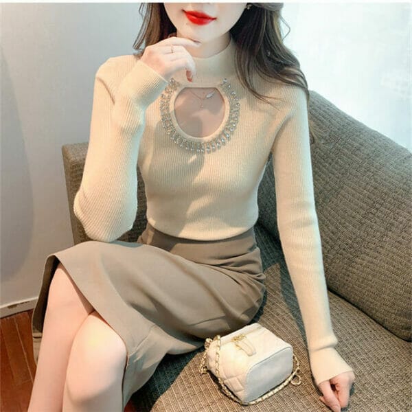 Fashion Autumn 3 Colors Rhinestones Hollow Out Knit T-shirt 5