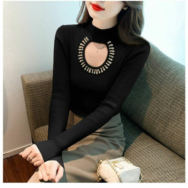 Fashion Autumn 3 Colors Rhinestones Hollow Out Knit T-shirt 4