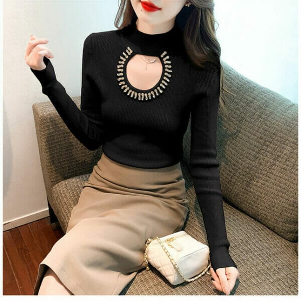 Fashion Autumn 3 Colors Rhinestones Hollow Out Knit T-shirt 3