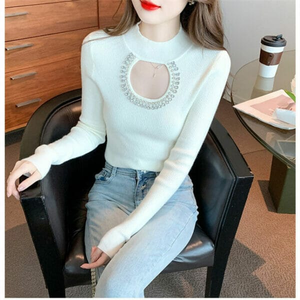 Fashion Autumn 3 Colors Rhinestones Hollow Out Knit T-shirt 2