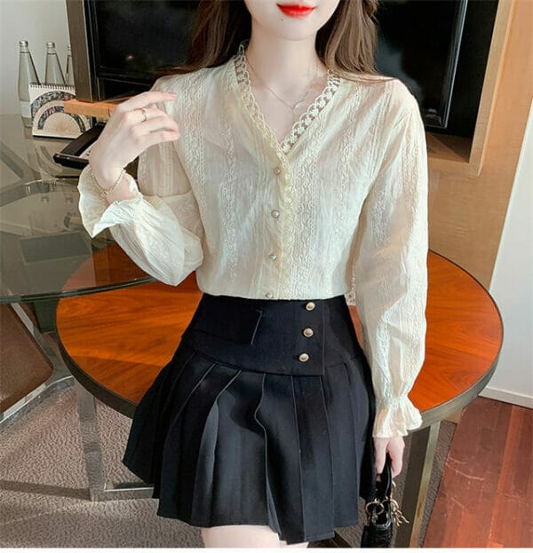 Fashion Autumn Lace Flowers V-neck Long Sleeve Blouse 5