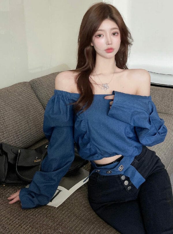 Fashion Boat Neck Puff Sleeve Denim Blouse 4