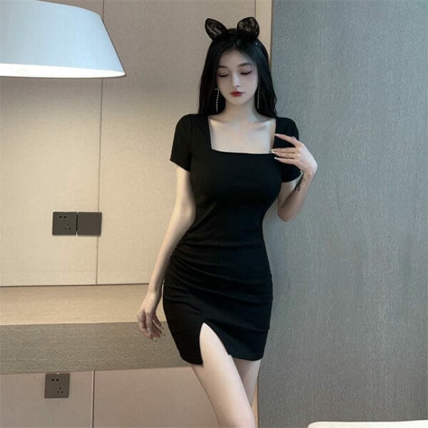 Fashion Boat Neck Short Sleeve Slim Cotton Dress 3