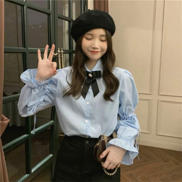 Fashion Girl 2 Colors Bowknot Collar Puff Sleeve Blouse 6