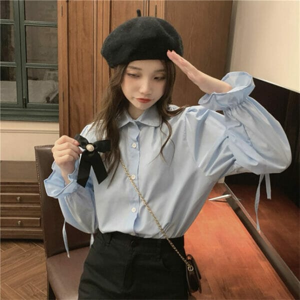 Fashion Girl 2 Colors Bowknot Collar Puff Sleeve Blouse 5