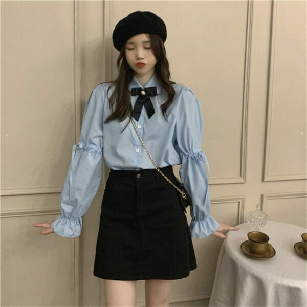 Fashion Girl 2 Colors Bowknot Collar Puff Sleeve Blouse 4