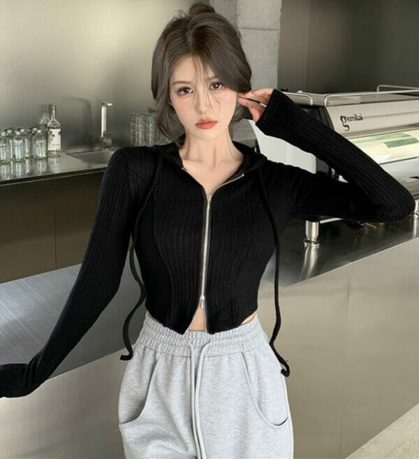 Fashion Girl 3 Colors Zipper Open Hooded Knitting Tops 5