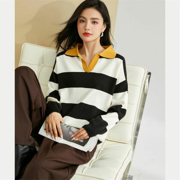 Fashion Girl Color Block Shirt Collar Stripes Loosen T-shirt 5