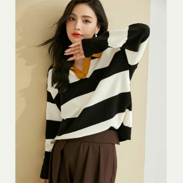 Fashion Girl Color Block Shirt Collar Stripes Loosen T-shirt 4