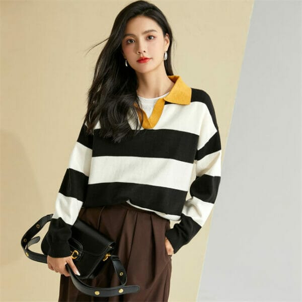 Fashion Girl Color Block Shirt Collar Stripes Loosen T-shirt 3