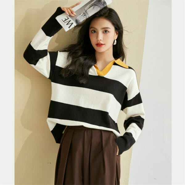 Fashion Girl Color Block Shirt Collar Stripes Loosen T-shirt 2