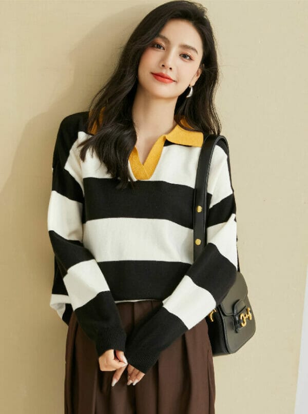 Fashion Girl Color Block Shirt Collar Stripes Loosen T-shirt 1