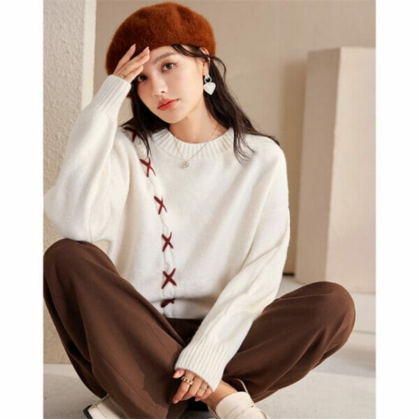 Fashion Girl Crosses Round Neck Loosen Knitting T-shirt 3