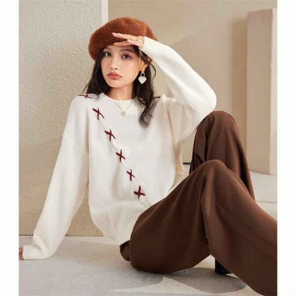 Fashion Girl Crosses Round Neck Loosen Knitting T-shirt 2