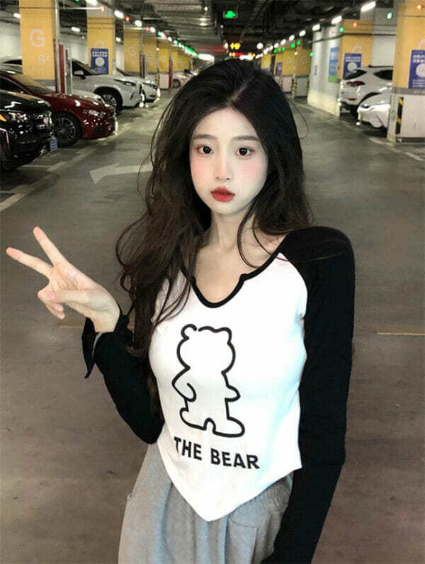 Fashion Girlish Color Block Bear Printings Cotton T-shirts 3