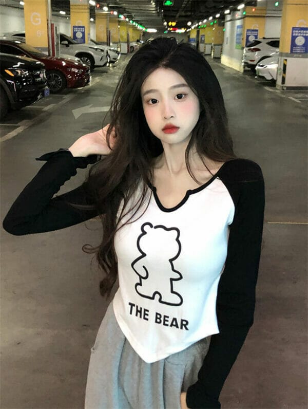 Fashion Girlish Color Block Bear Printings Cotton T-shirts 2
