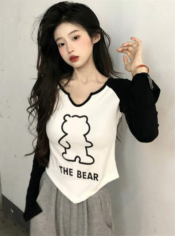 Fashion Girlish Color Block Bear Printings Cotton T-shirts 1