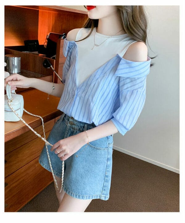 Fashion Girls Off Shoulder Splicing Stripes Short Sleeve T-shirt 5