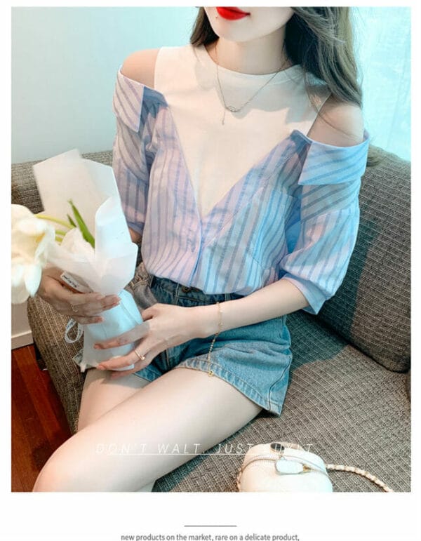 Fashion Girls Off Shoulder Splicing Stripes Short Sleeve T-shirt 4