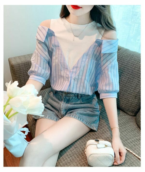 Fashion Girls Off Shoulder Splicing Stripes Short Sleeve T-shirt 3