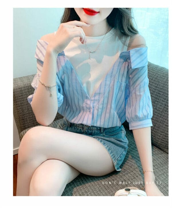 Fashion Girls Off Shoulder Splicing Stripes Short Sleeve T-shirt 2