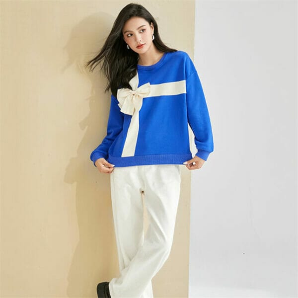 Fashion Grace Color Block Bowknot Knitting Long Sleeve Tees 5