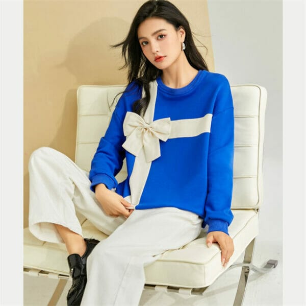 Fashion Grace Color Block Bowknot Knitting Long Sleeve Tees 4