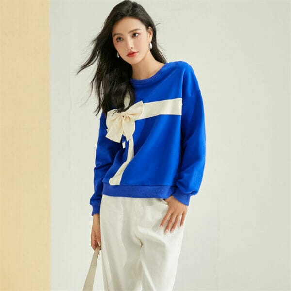 Fashion Grace Color Block Bowknot Knitting Long Sleeve Tees 3