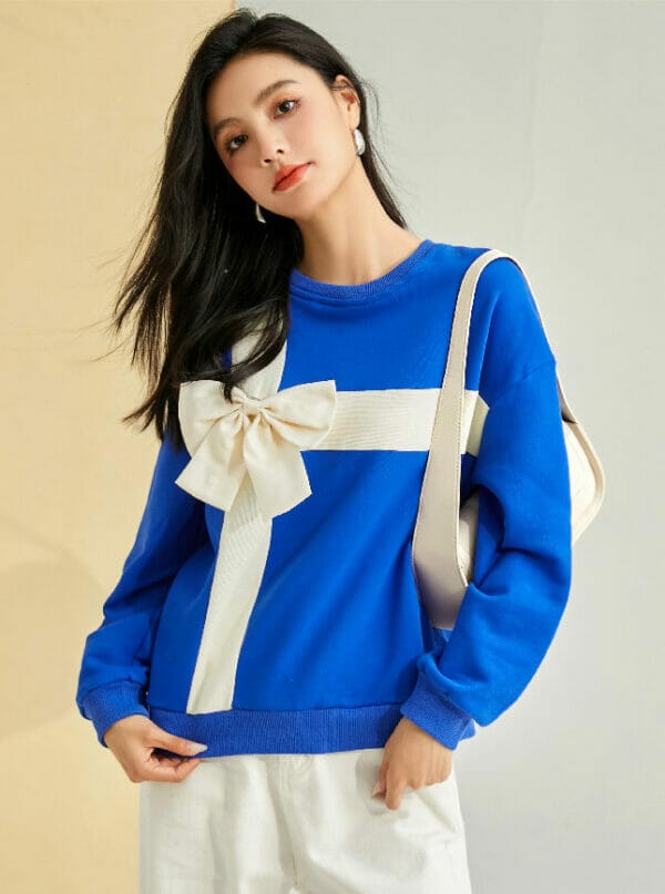 Fashion Grace Color Block Bowknot Knitting Long Sleeve Tees 1