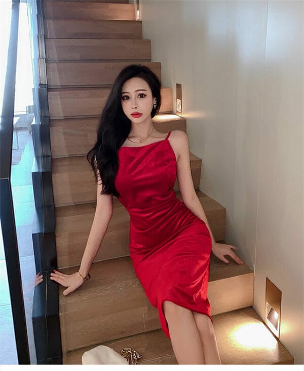 Fashion High Waist Straps Velvet Dress 2