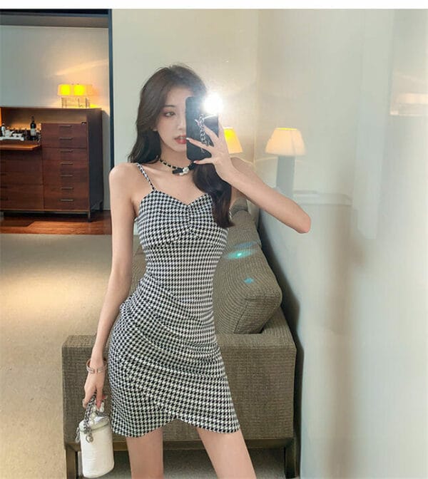 Fashion Houndstooth Pleated Straps Slim Dress 4