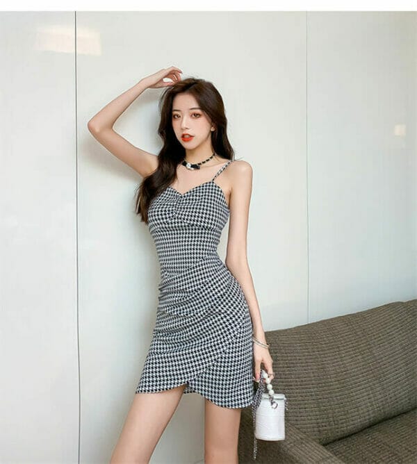 Fashion Houndstooth Pleated Straps Slim Dress 3