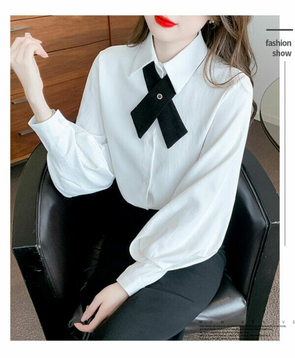 Fashion Korea 2 Colors Tie Collar Plaids Puff Sleeve Blouse 6