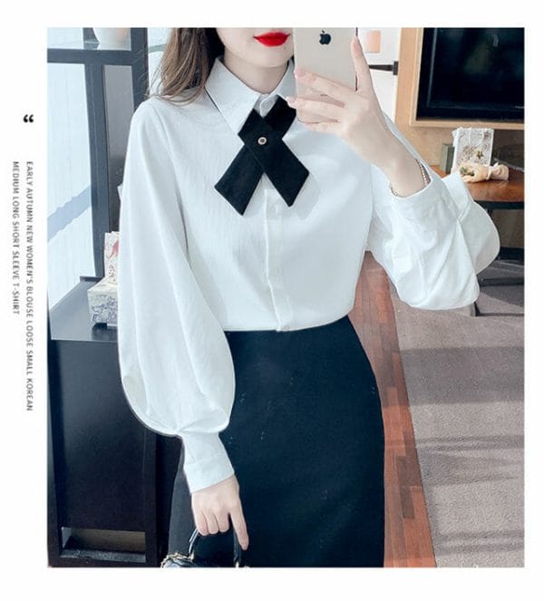 Fashion Korea 2 Colors Tie Collar Plaids Puff Sleeve Blouse 5