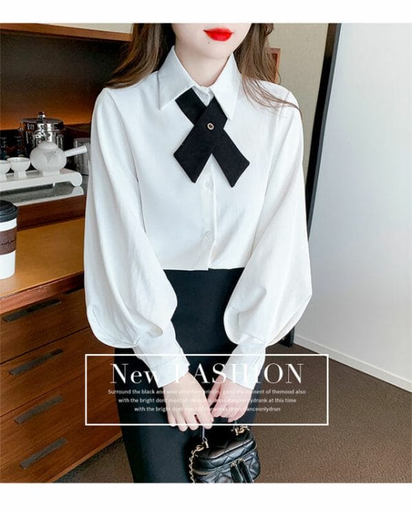 Fashion Korea 2 Colors Tie Collar Plaids Puff Sleeve Blouse 4