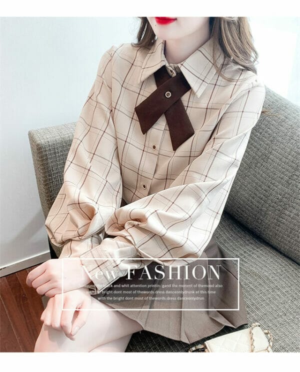 Fashion Korea 2 Colors Tie Collar Plaids Puff Sleeve Blouse 2