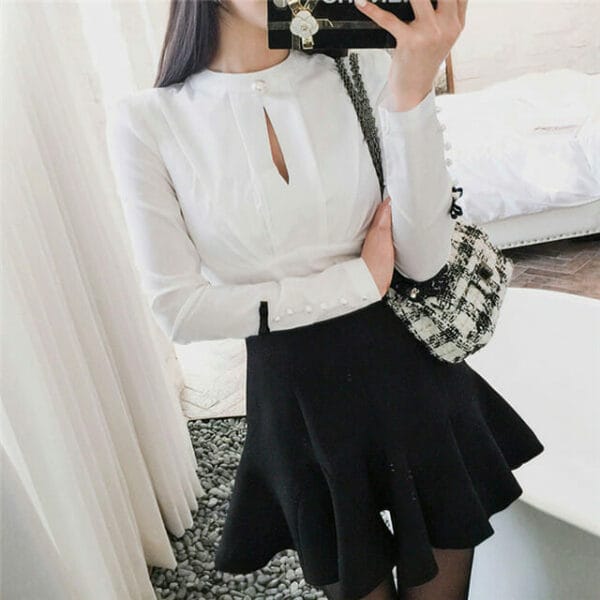Fashion Korea Bead Collar Blouse with Fishtail A-line Skirt 3